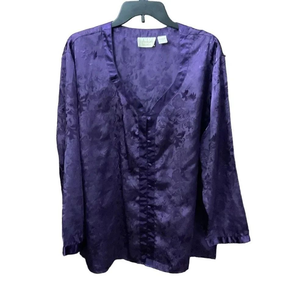 Victoria’s Secret Vintage Pajama Top Sleep Shirt Purple Satin Floral Print Large